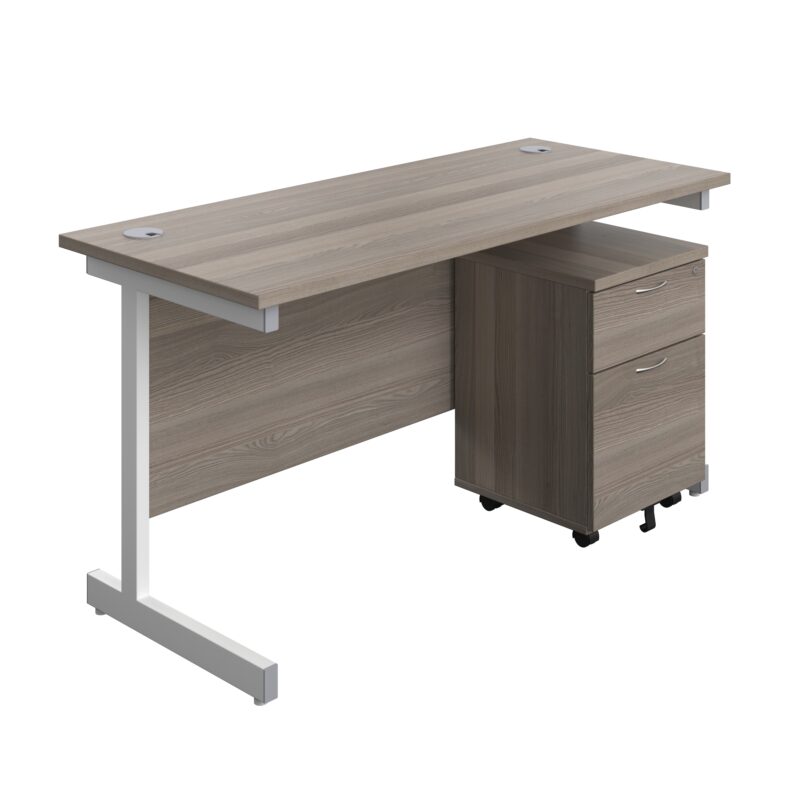 Single Upright Rectangular Desk + Mobile 2 Drawer Pedestal | 1400 X 600 | Grey Oak/White