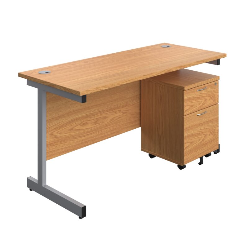 Single Upright Rectangular Desk + Mobile 2 Drawer Pedestal | 1400 X 600 | Nova Oak/Silver