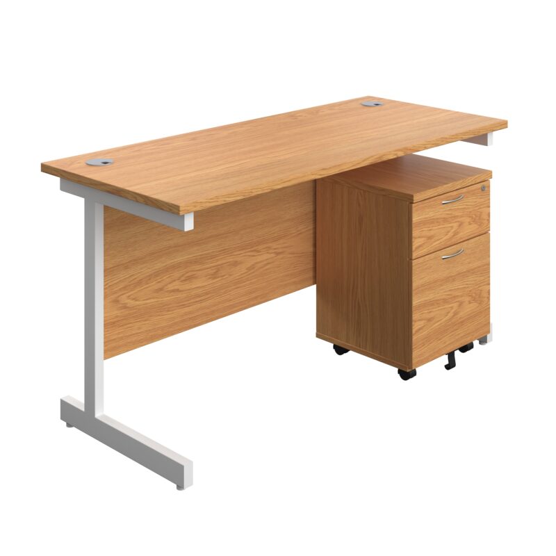 Single Upright Rectangular Desk + Mobile 2 Drawer Pedestal | 1400 X 600 | Nova Oak/White