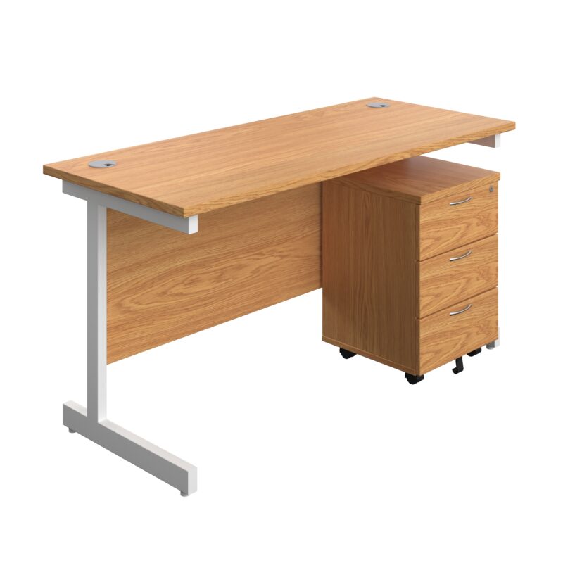 Single Upright Rectangular Desk + Mobile 3 Drawer Pedestal | 1400 X 600 | Nova Oak/White