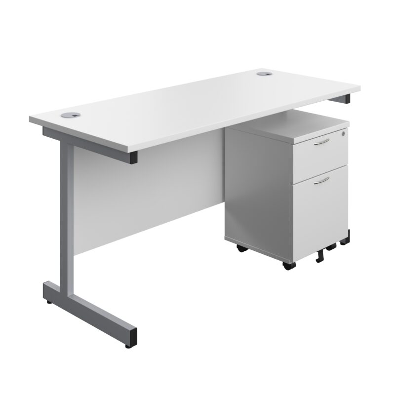 Single Upright Rectangular Desk + Mobile 2 Drawer Pedestal | 1400 X 600 | White/Silver