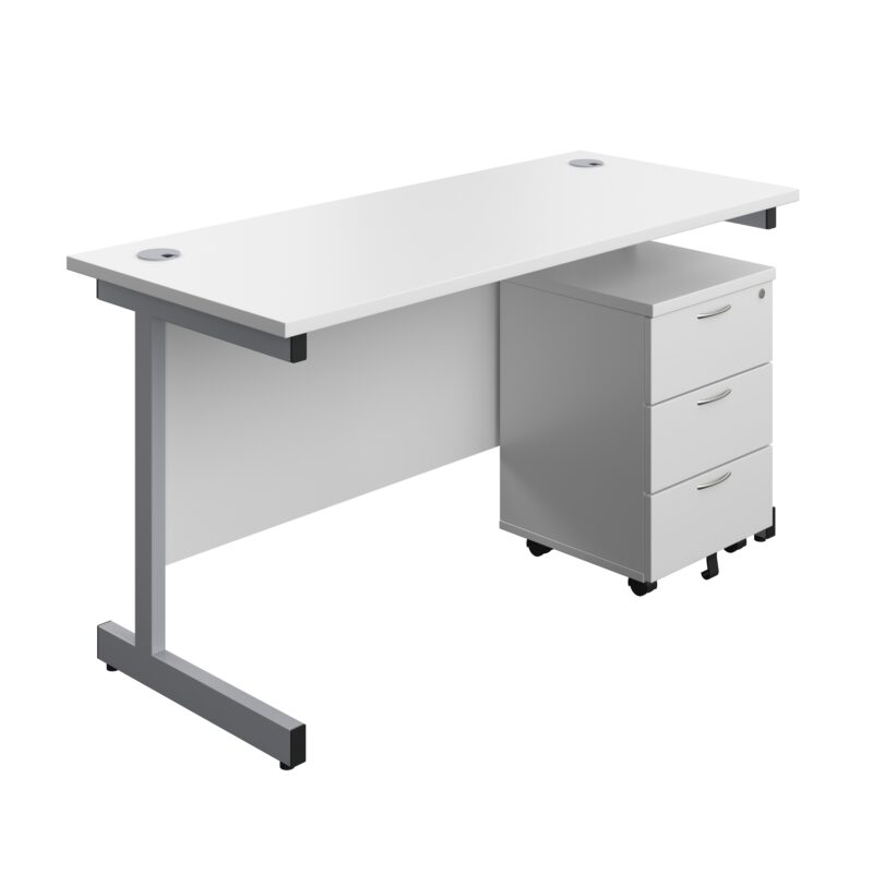 Single Upright Rectangular Desk + Mobile 3 Drawer Pedestal | 1400 X 600 | White/Silver