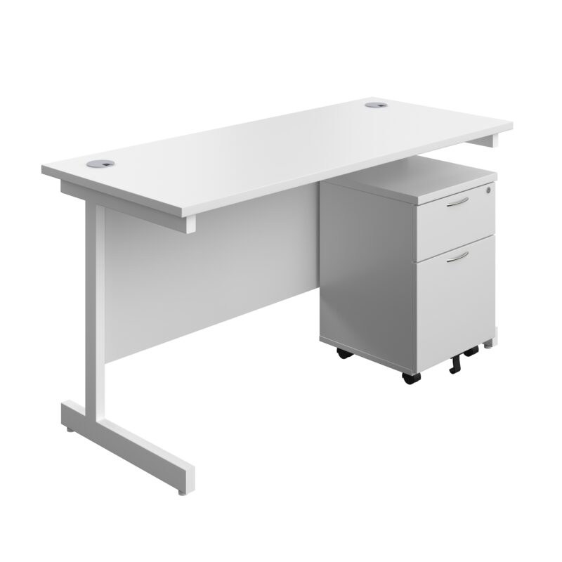 Single Upright Rectangular Desk + Mobile 2 Drawer Pedestal | 1400 X 600 | White/White