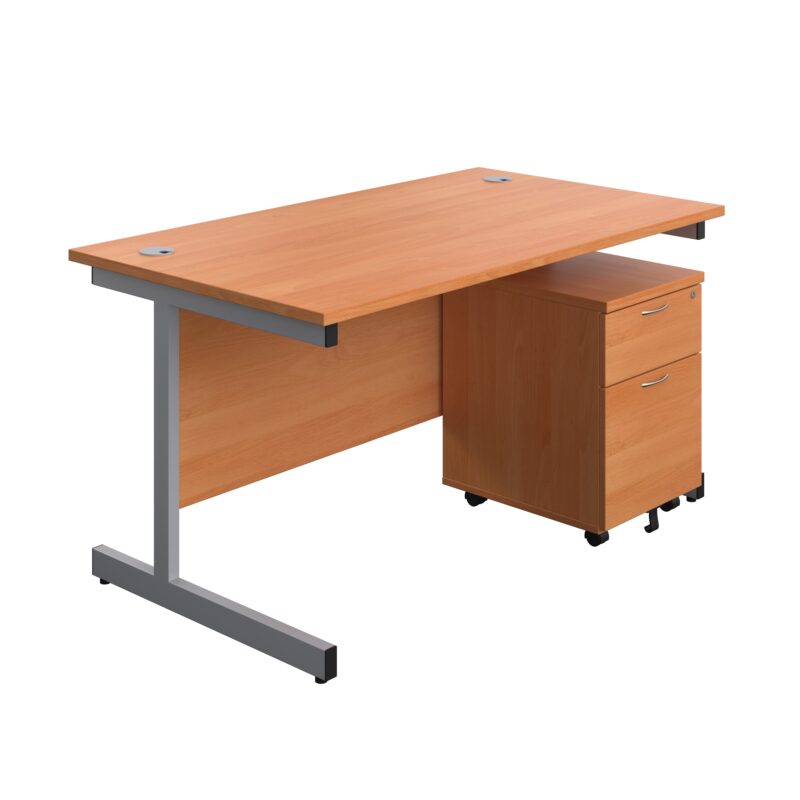 Single Upright Rectangular Desk + Mobile 2 Drawer Pedestal | 1400 X 800 | Beech/Silver