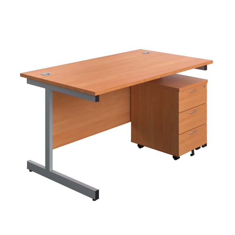 Single Upright Rectangular Desk + Mobile 3 Drawer Pedestal | 1400 X 800 | Beech/Silver