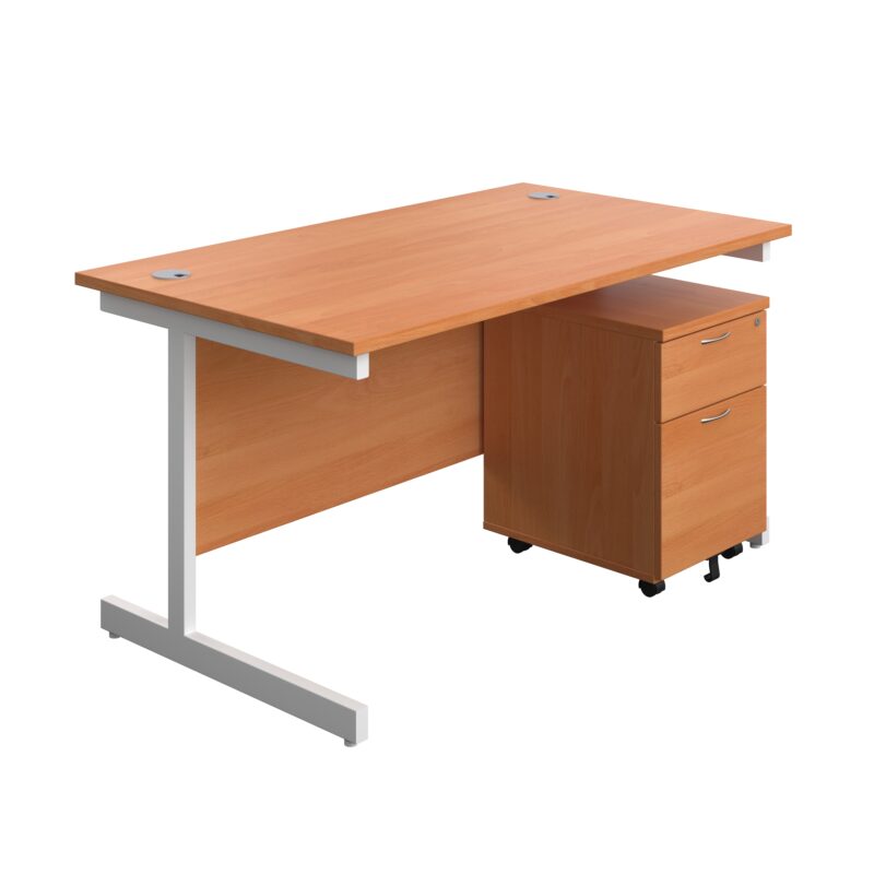 Single Upright Rectangular Desk + Mobile 2 Drawer Pedestal | 1400 X 800 | Beech/White