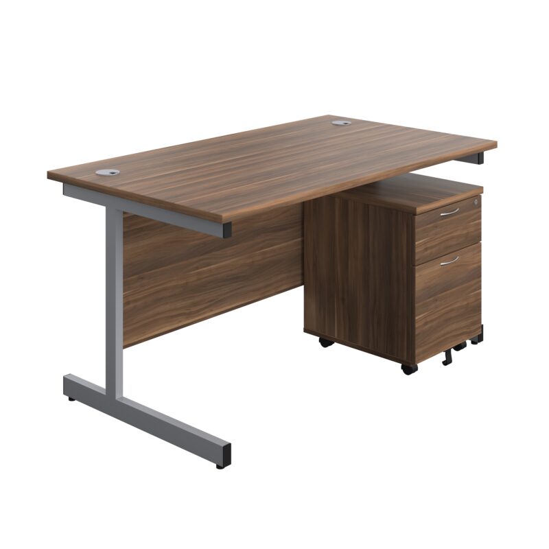 Single Upright Rectangular Desk + Mobile 2 Drawer Pedestal | 1400 X 800 | Dark Walnut/Silver