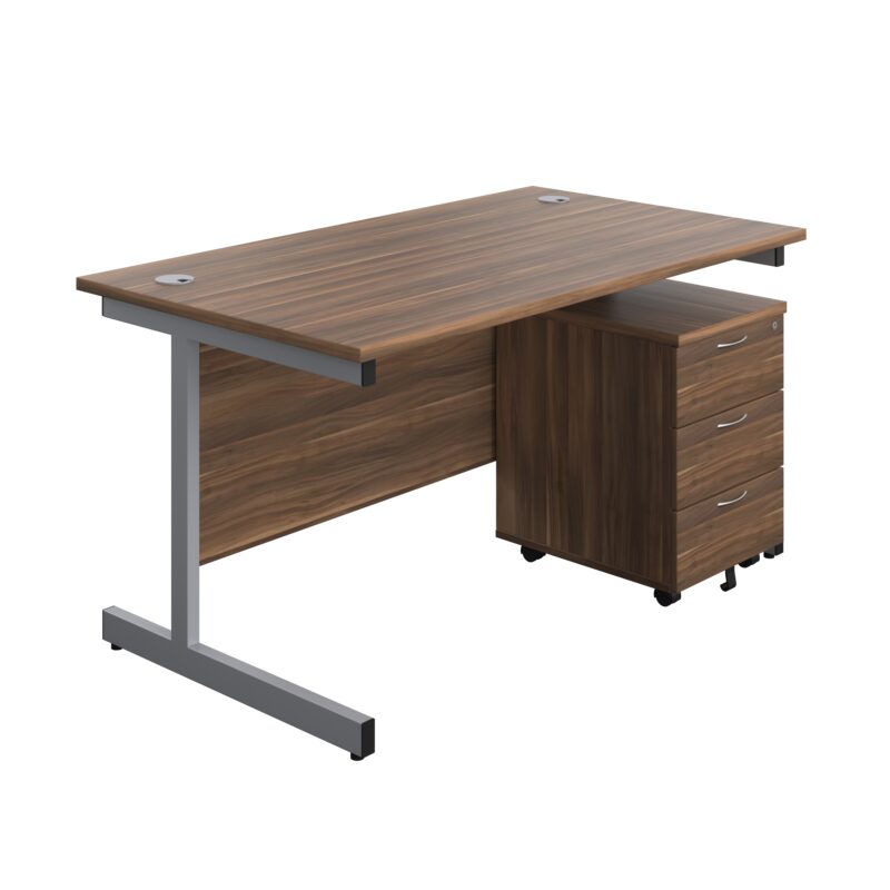 Single Upright Rectangular Desk + Mobile 3 Drawer Pedestal | 1400 X 800 | Dark Walnut/Silver