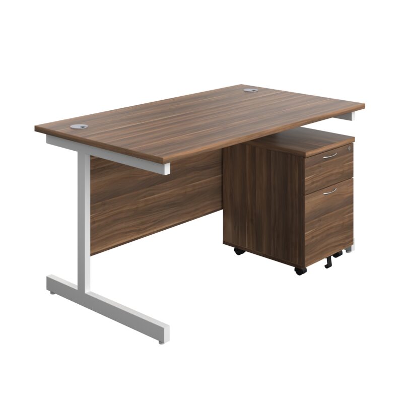 Single Upright Rectangular Desk + Mobile 2 Drawer Pedestal | 1400 X 800 | Dark Walnut/White