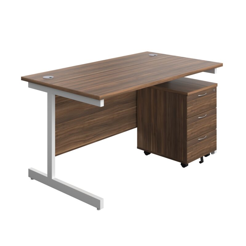 Single Upright Rectangular Desk + Mobile 3 Drawer Pedestal | 1400 X 800 | Dark Walnut/White