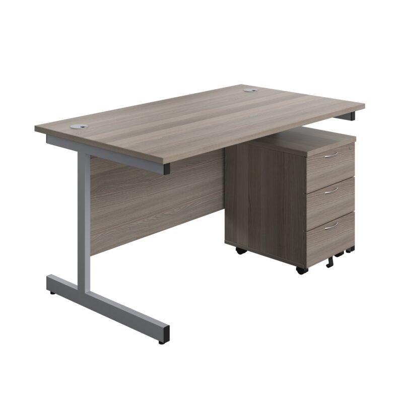 Single Upright Rectangular Desk + Mobile 3 Drawer Pedestal | 1400 X 800 | Grey Oak/Silver