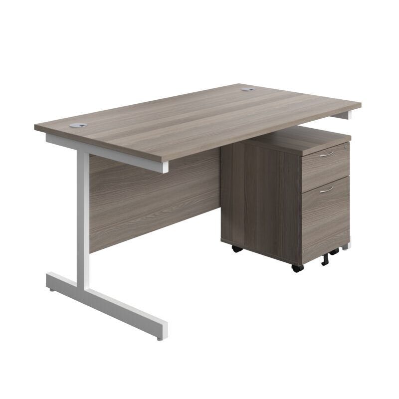 Single Upright Rectangular Desk + Mobile 2 Drawer Pedestal | 1400 X 800 | Grey Oak/White