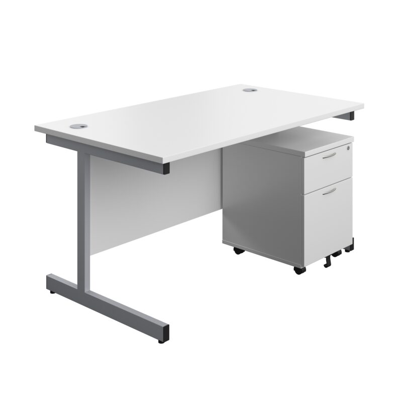 Single Upright Rectangular Desk + Mobile 2 Drawer Pedestal | 1400 X 800 | White/Silver