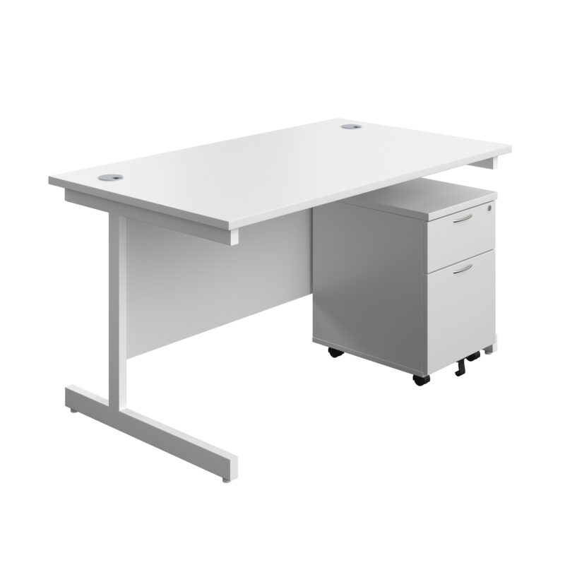 Single Upright Rectangular Desk + Mobile 2 Drawer Pedestal | 1400 X 800 | White/White