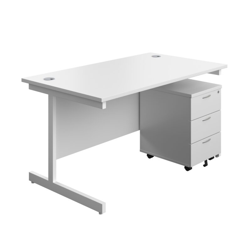 Single Upright Rectangular Desk + Mobile 3 Drawer Pedestal | 1400 X 800 | White/White