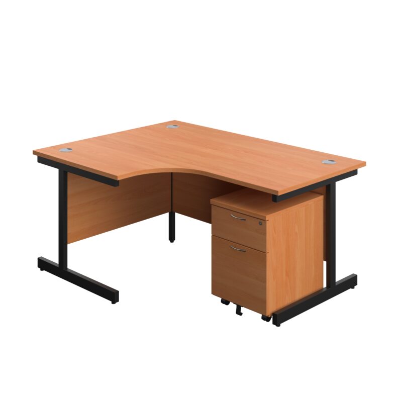 Single Upright Left Hand Radial Desk + Mobile 2 Drawer Pedestal | 1600 X 1200 | Beech/Black