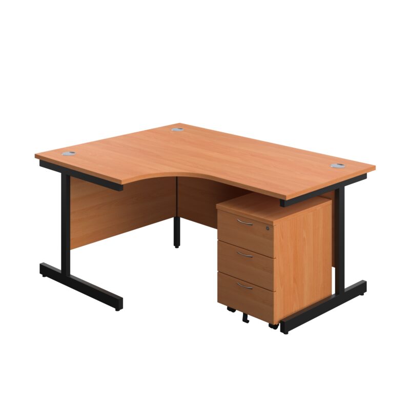 Single Upright Left Hand Radial Desk + Mobile 3 Drawer Pedestal | 1600 X 1200 | Beech/Black