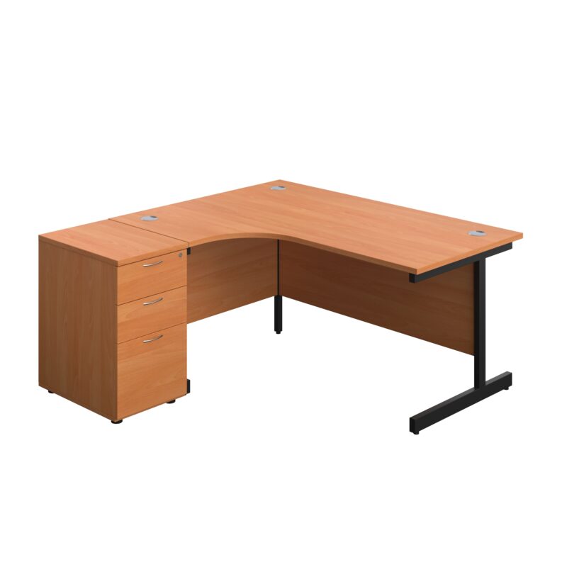 Single Upright Left Hand Radial Desk + Desk High 3 Drawer Pedestal | 1600 X 1200 | 600mm Deep Pedestal | Beech/Black