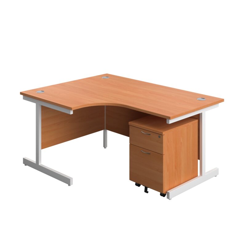 Single Upright Left Hand Radial Desk + Mobile 2 Drawer Pedestal | 1600 X 1200 | Beech/White