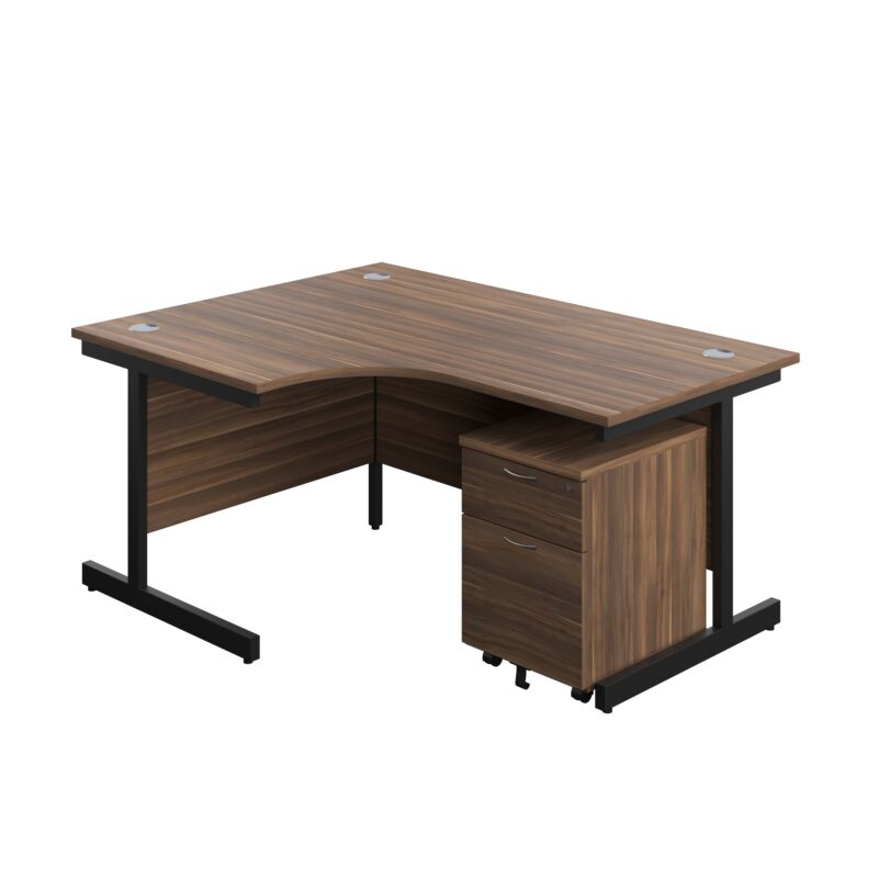 Single Upright Left Hand Radial Desk + Mobile 2 Drawer Pedestal | 1600 X 1200 | Dark Walnut/Black