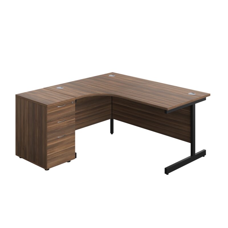 Single Upright Left Hand Radial Desk + Desk High 3 Drawer Pedestal | 1600 X 1200 | 600mm Deep Pedestal | Dark Walnut/Black