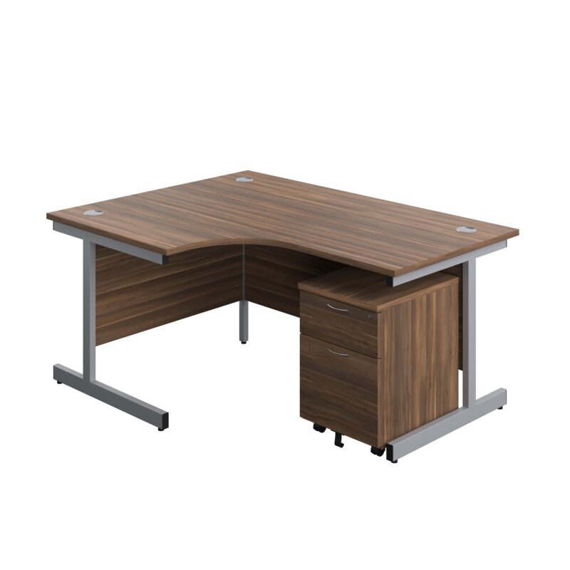 Single Upright Left Hand Radial Desk + Mobile 2 Drawer Pedestal | 1600 X 1200 | Dark Walnut/Silver