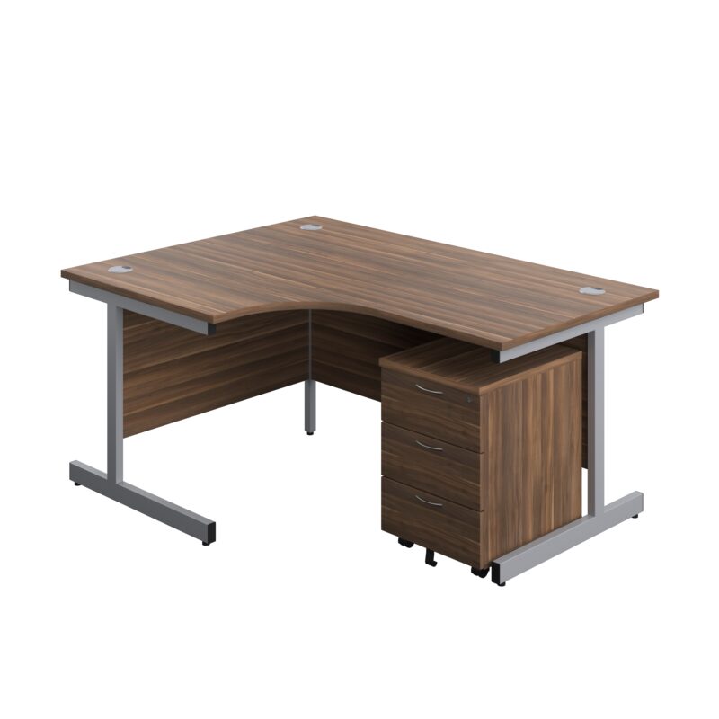 Single Upright Left Hand Radial Desk + Mobile 3 Drawer Pedestal | 1600 X 1200 | Dark Walnut/Silver