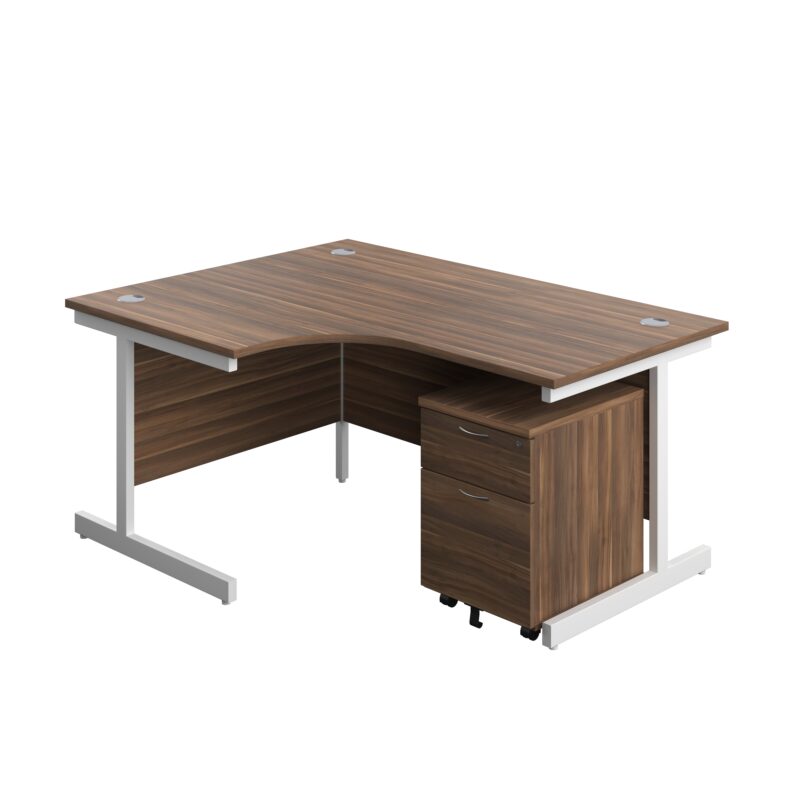 Single Upright Left Hand Radial Desk + Mobile 2 Drawer Pedestal | 1600 X 1200 | Dark Walnut/White