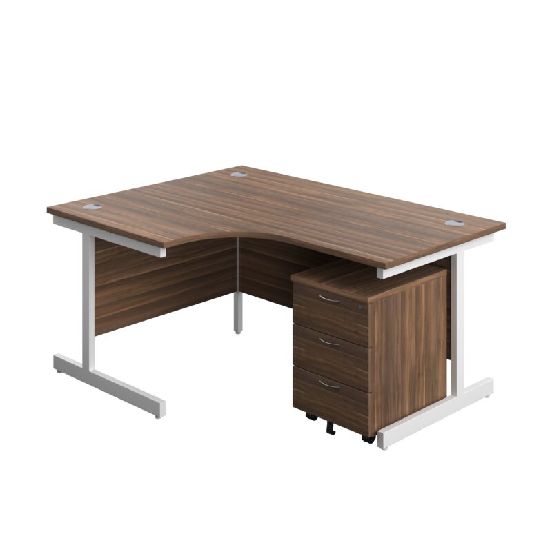 Single Upright Left Hand Radial Desk + Mobile 3 Drawer Pedestal | 1600 X 1200 | Dark Walnut/White