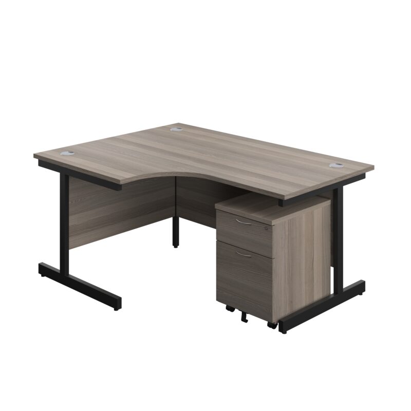 Single Upright Left Hand Radial Desk + Mobile 2 Drawer Pedestal | 1600 X 1200 | Grey Oak/Black