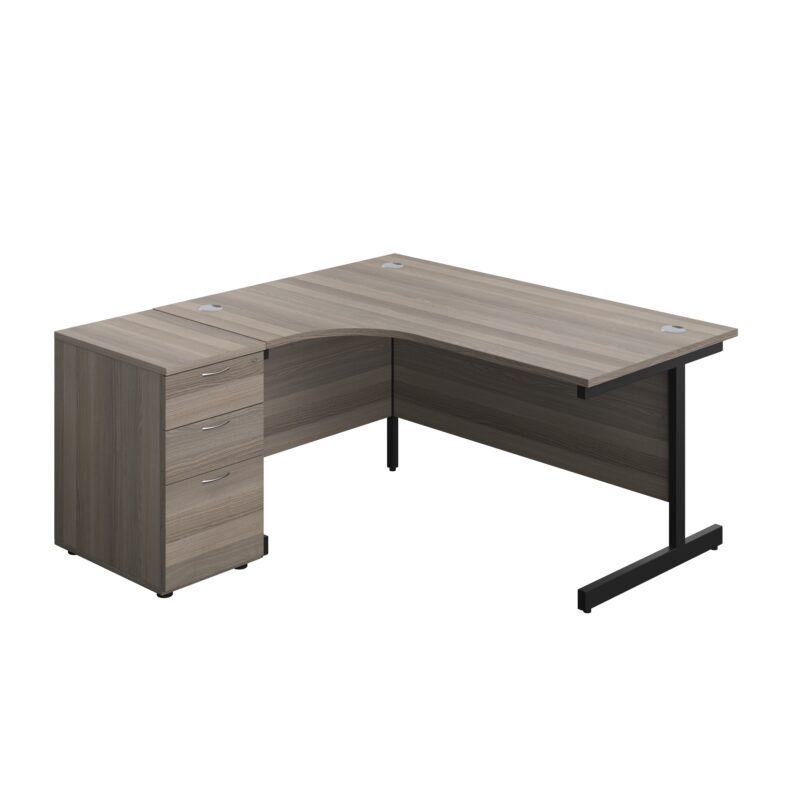 Single Upright Left Hand Radial Desk + Desk High 3 Drawer Pedestal | 1600 X 1200 | 600mm Deep Pedestal | Grey Oak/Black