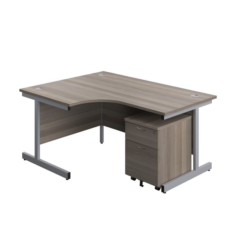 Single Upright Left Hand Radial Desk + Mobile 2 Drawer Pedestal | 1600 X 1200 | Grey Oak/Silver