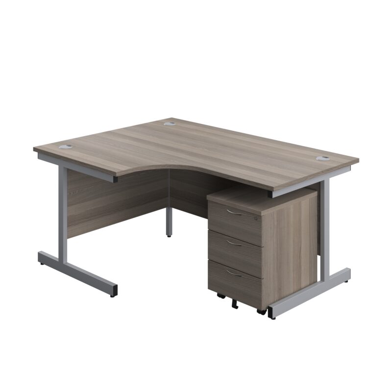 Single Upright Left Hand Radial Desk + Mobile 3 Drawer Pedestal | 1600 X 1200 | Grey Oak/Silver