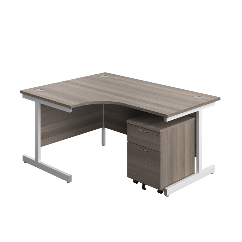 Single Upright Left Hand Radial Desk + Mobile 2 Drawer Pedestal | 1600 X 1200 | Grey Oak/White