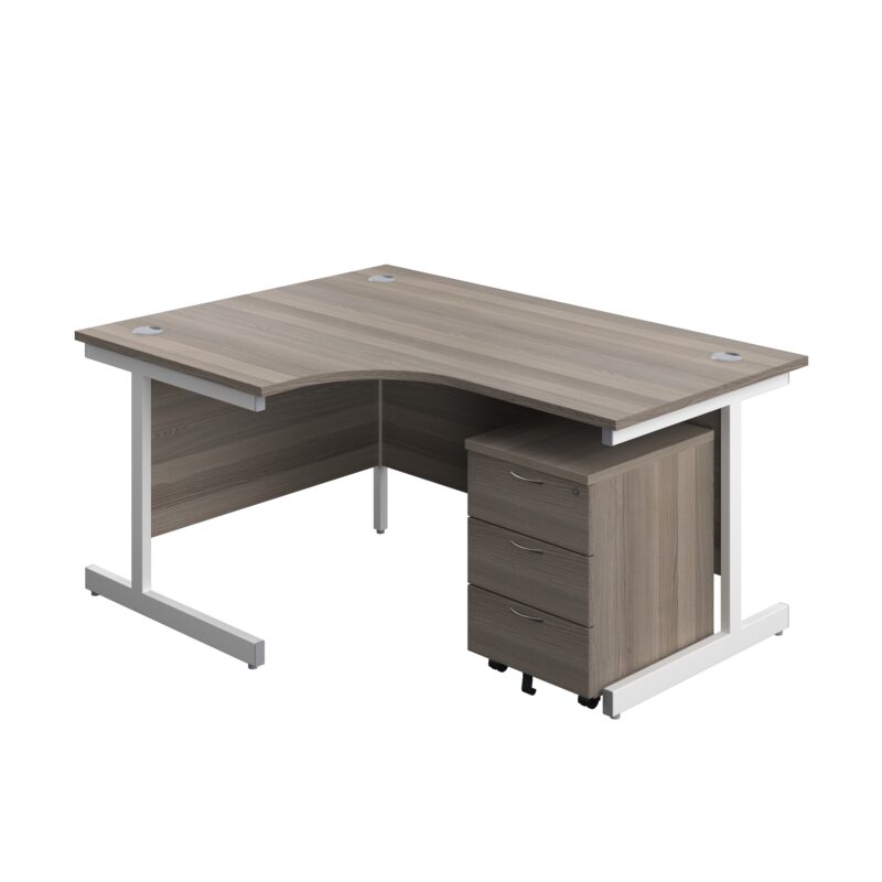 Single Upright Left Hand Radial Desk + Mobile 3 Drawer Pedestal | 1600 X 1200 | Grey Oak/White