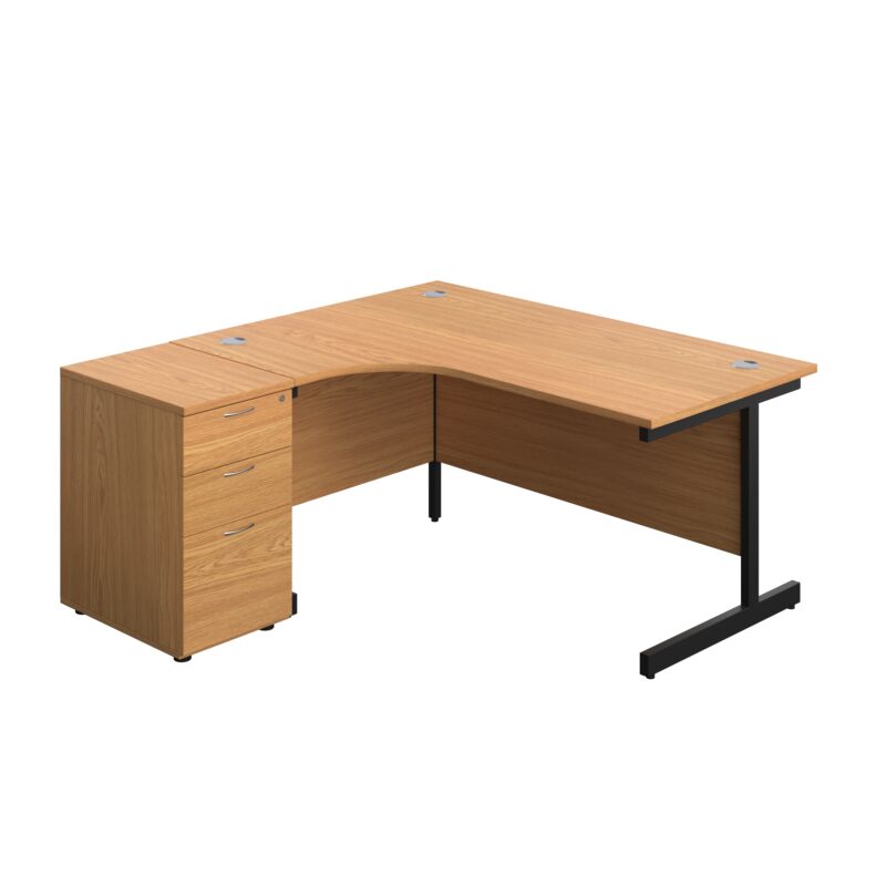 Single Upright Left Hand Radial Desk + Desk High 3 Drawer Pedestal | 1600 X 1200 | 600mm Deep Pedestal | Nova Oak/Black