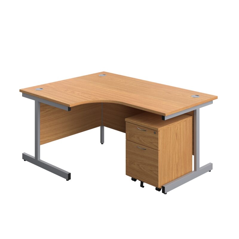 Single Upright Left Hand Radial Desk + Mobile 2 Drawer Pedestal | 1600 X 1200 | Nova Oak/Silver