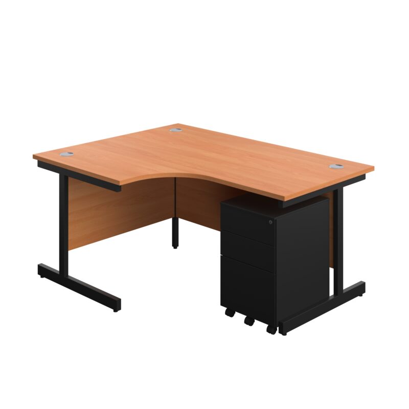 Single Upright Left Hand Radial Desk + Under Desk Steel Pedestal 3 Drawers | 1600 X 1200 | Beech/Black