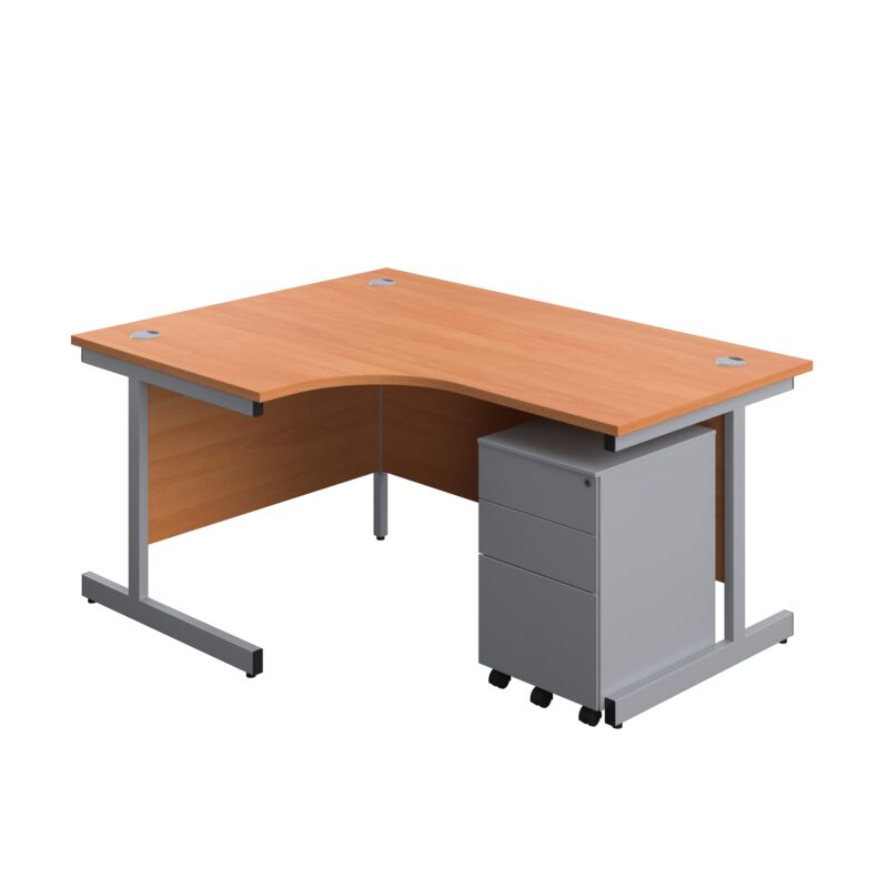 Single Upright Left Hand Radial Desk + Under Desk Steel Pedestal 3 Drawers | 1600 X 1200 | Beech/Silver