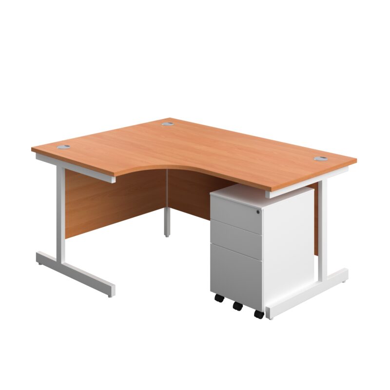 Single Upright Left Hand Radial Desk + Under Desk Steel Pedestal 3 Drawers | 1600 X 1200 | Beech/White