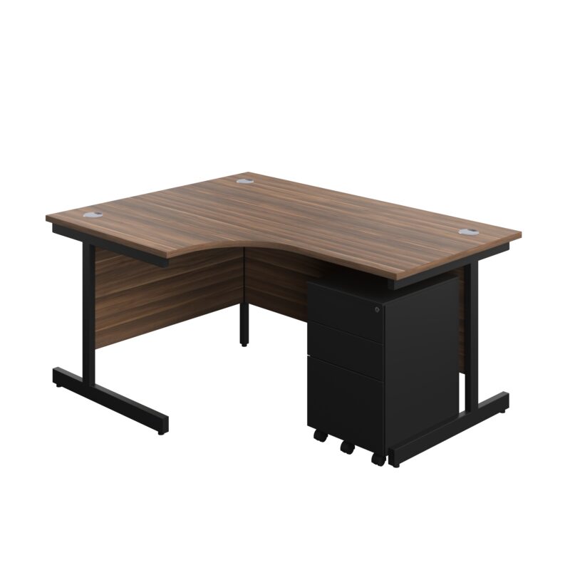 Single Upright Left Hand Radial Desk + Under Desk Steel Pedestal 3 Drawers | 1600 X 1200 | Dark Walnut/Black