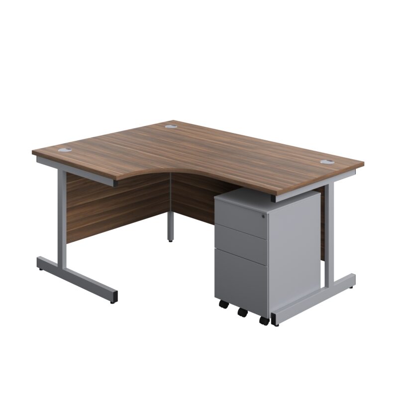 Single Upright Left Hand Radial Desk + Under Desk Steel Pedestal 3 Drawers | 1600 X 1200 | Dark Walnut/Silver