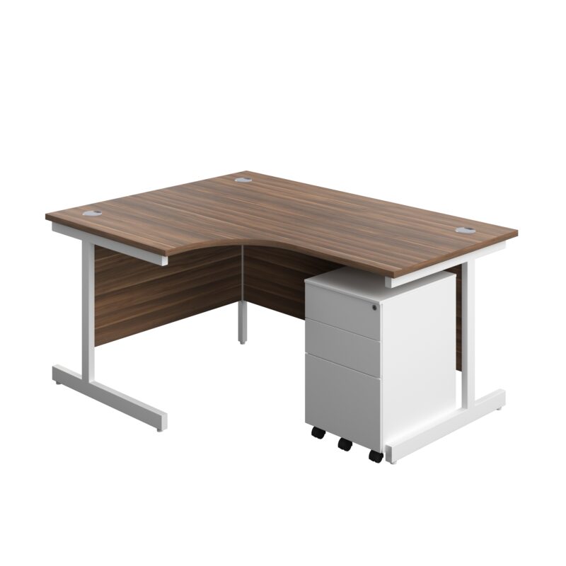 Single Upright Left Hand Radial Desk + Under Desk Steel Pedestal 3 Drawers | 1600 X 1200 | Dark Walnut/White