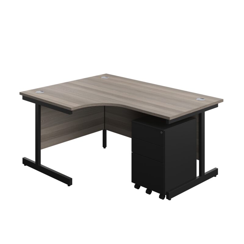 Single Upright Left Hand Radial Desk + Under Desk Steel Pedestal 3 Drawers | 1600 X 1200 | Grey Oak/Black