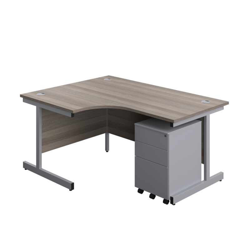 Single Upright Left Hand Radial Desk + Under Desk Steel Pedestal 3 Drawers | 1600 X 1200 | Grey Oak/Silver