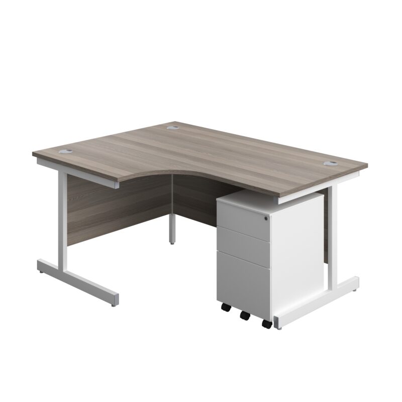 Single Upright Left Hand Radial Desk + Under Desk Steel Pedestal 3 Drawers | 1600 X 1200 | Grey Oak/White