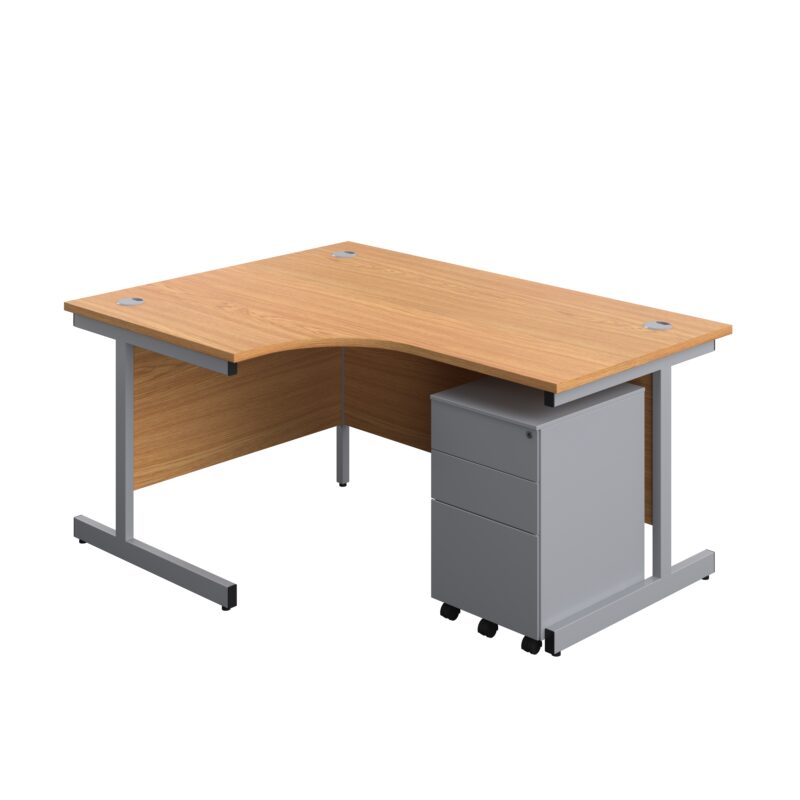 Single Upright Left Hand Radial Desk + Under Desk Steel Pedestal 3 Drawers | 1600 X 1200 | Nova Oak/Silver