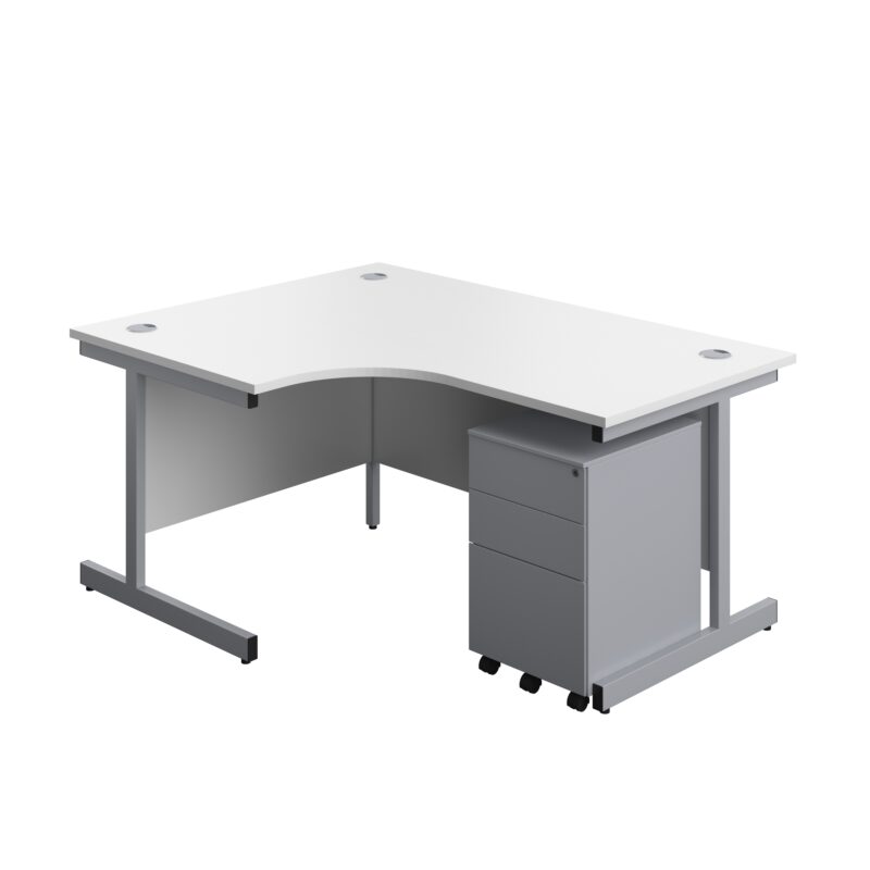 Single Upright Left Hand Radial Desk + Under Desk Steel Pedestal 3 Drawers | 1600 X 1200 | White/Silver