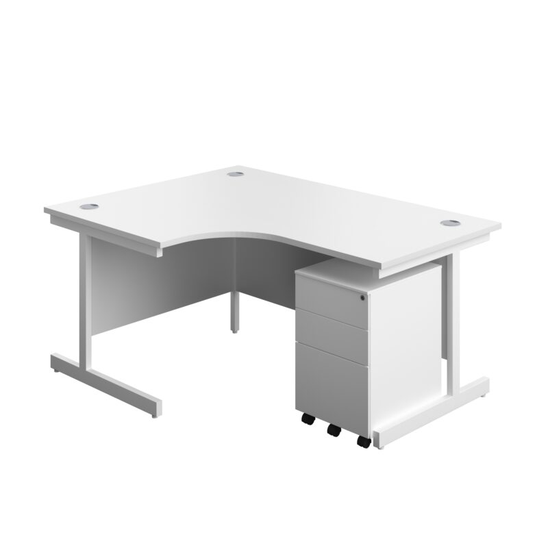 Single Upright Left Hand Radial Desk + Under Desk Steel Pedestal 3 Drawers | 1600 X 1200 | White/White