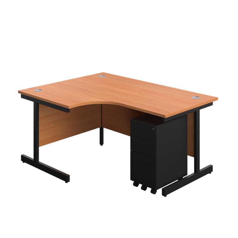 Single Upright Left Hand Radial Desk + Slimline Steel Pedestal 3 Drawers | 1600 X 1200 | Beech/Black